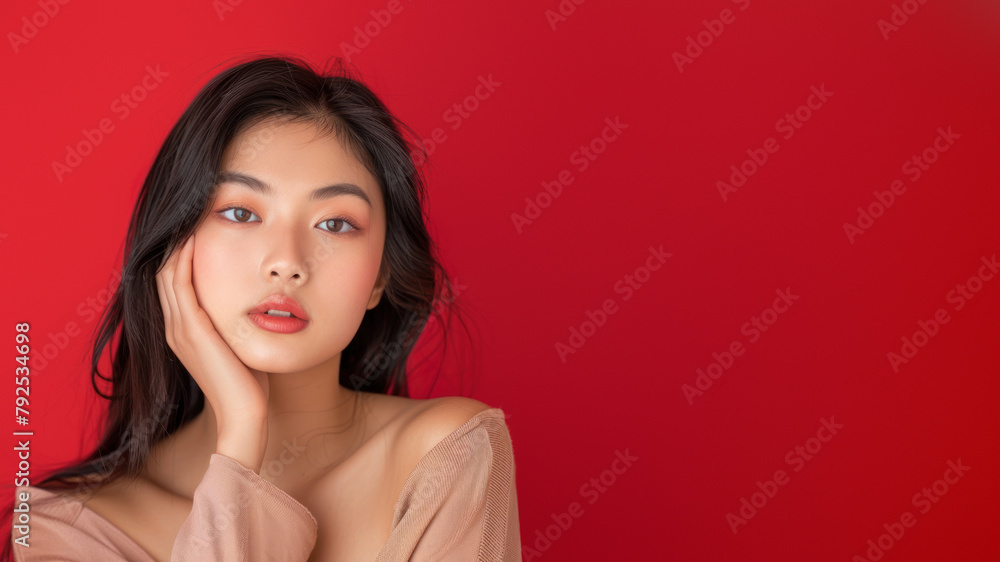 A contemplative young woman poses before a red background, embodying thoughtful beauty A contemplative young woman poses before a red background, embodying thoughtful beauty