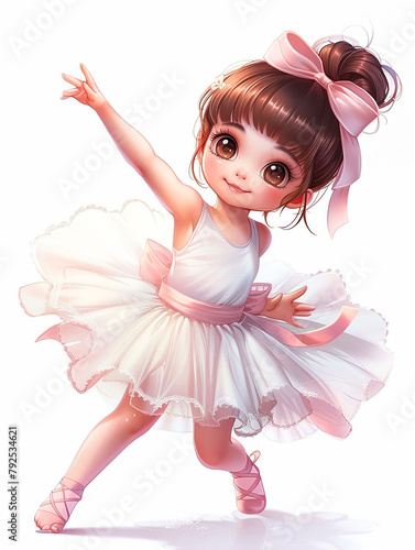 Cute little girl with big eyes wearing a white tutu, dancing like graceful ballerinas