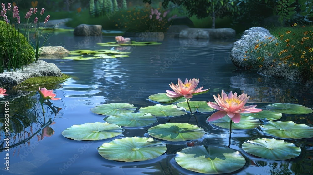 tranquil pond surrounded by water lilies and lotus flowers, reflecting the serene beauty and tranquility of a Zen-inspired garden. tranquil pond surrounded by water lilies and lotus flowers, reflecting the serene beauty and tranquility of a Zen-inspired garden.