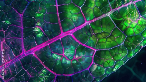 Magnified image of a leafs epidermis with fluorescent dye highlighting the movement and activity of various structures involved in photo