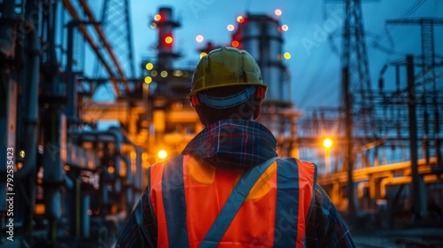 An atmospheric image of an electrician wearing a reflective vest and helmet set against the backdrop of an industrial power plant symbolizing the rigorous safety protocols required .