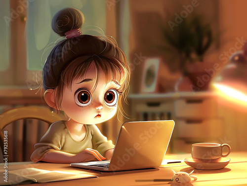 A cute little girl in her room is doing homework on her laptop, the background of a home environment.