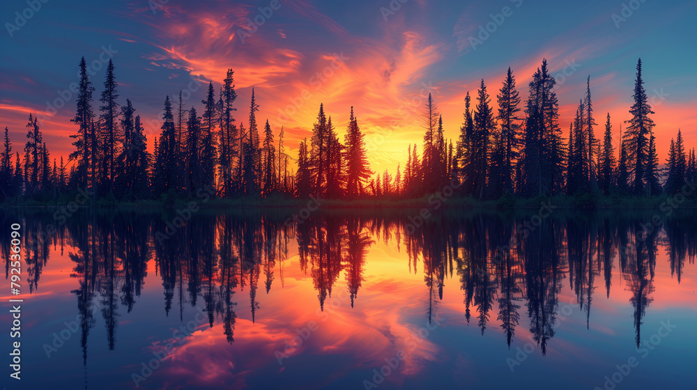 Tranquil Sunset Over Forest Lake
