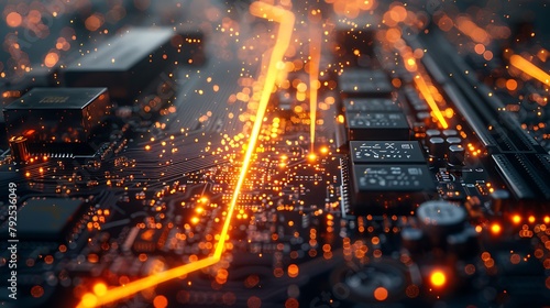 A close-up panoramic shot of a motherboard, with data flow artistically represented by shimmering, flowing light paths.