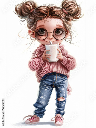cute little girl wearing sunglasses, a pink sweater and jeans is drinking milk with an adorable expression.