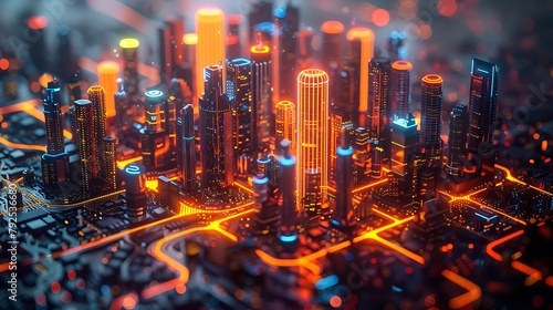 A dynamic depiction of a motherboard as a futuristic cityscape, illuminated by multicolored LEDs that map out an intricate network of roads.