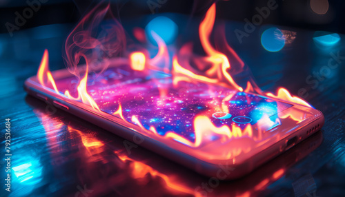 Fireflame on screen from mobile phone lies on table neon lights black background generative ai