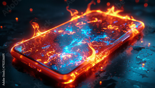 Fireflame on screen from mobile phone lies on table,neon lights,black background,generative ai
