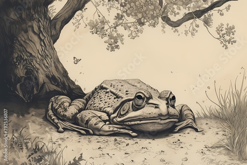 cartoon illustration, a frog is sleeping under a tree photo