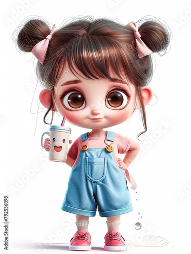 cute little girl wearing t-shirt and jeans is drinking milk. White background