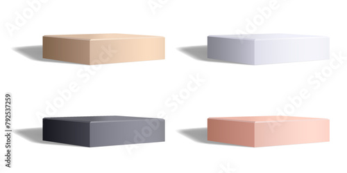 Empty cube or square podium of white, black, pink and beige colors isolated on white. Monochrome low studio platform with shadow in realistic 3D style. Blank vector template for product presentation.