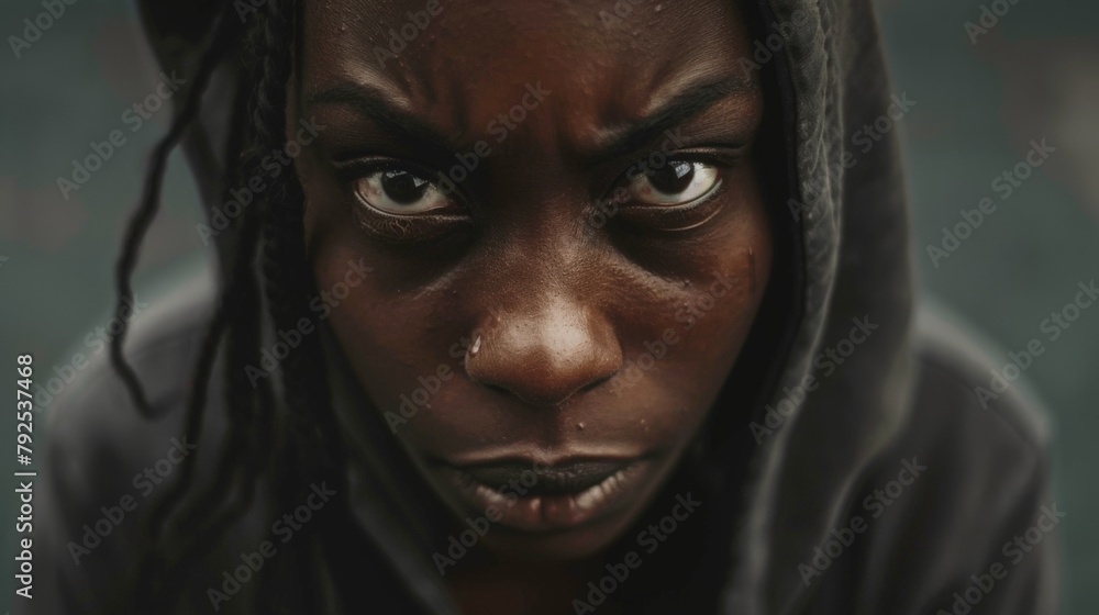 Intense Close-Up Portrait of a Young Black Woman with Hood Intense Close-Up Portrait of a Young Black Woman with Hood