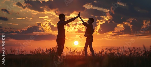 Father-Son Celebration: Silhouette of a Happy Father High-Fiving His Son