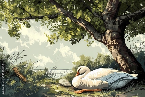 cartoon illustration, a goose is sleeping under a tree