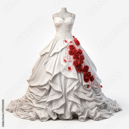 A long white wedding dress isolated on a white background