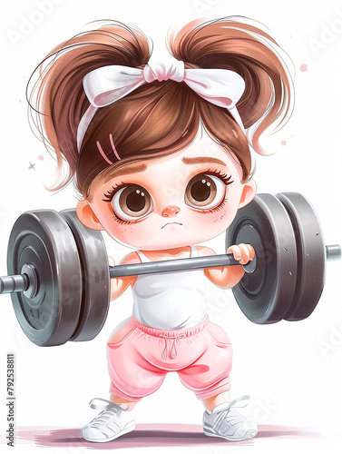 cute little girl with big eyes and chubby cheeks is lifting weights in the gym.