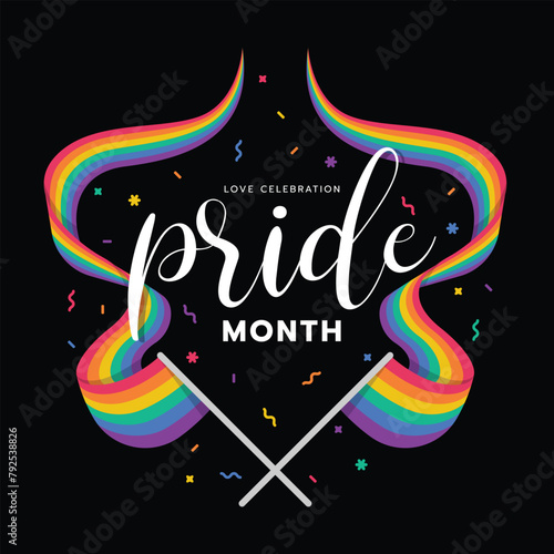 Love celebration, Pride month - Text in two rainbow pride flag waving to cross on black background vector design