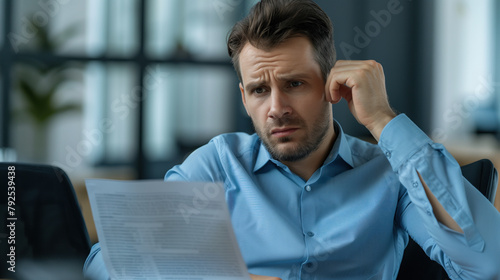 Focused businessman analyzing document in office.