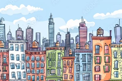 Cartoon cute doodles of a city skyline with skyscrapers, apartment buildings, and a bustling street below, Generative AI
