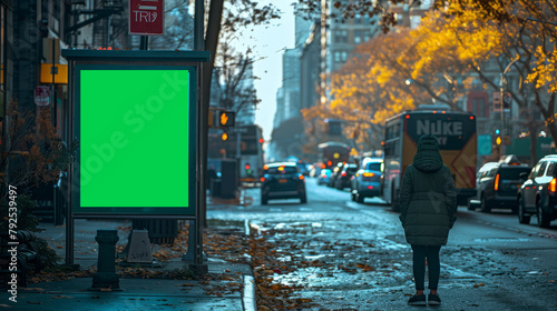 Bus stop in New York city with vertical digital OOH mockup with green screen.generative ai
