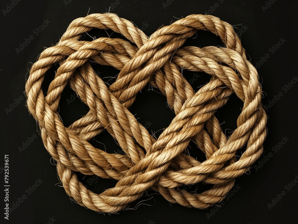Two interlinked hearts made of thick natural rope, symbolizing love and strong connection.