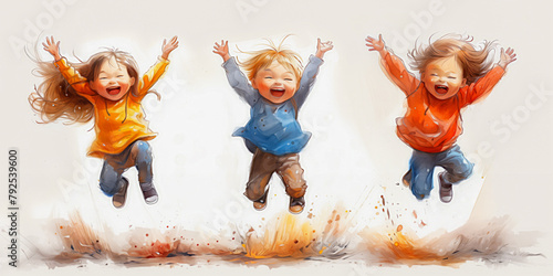 Illustration of three young children jumping in the puddle