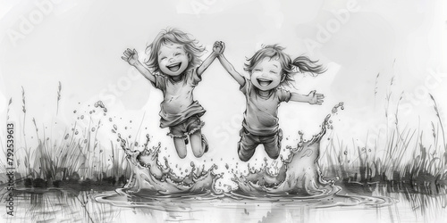 Illustration of two young kids are jumping in the water