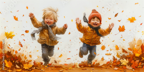 Illustration of two children are joyfully running among the autumn leaves