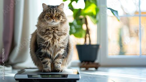 Fat Cat standing on the scales in a indoor room photo