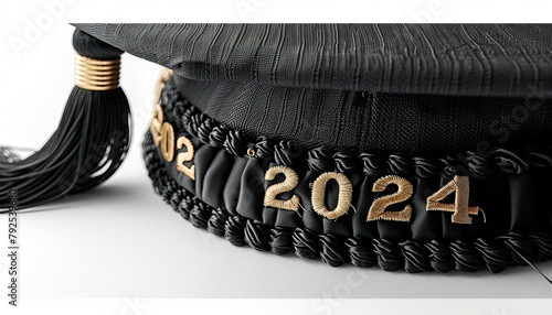Black graduation hat clipart, with a black tassel that says "2024",gold letters, isolated on a white background,generative ai