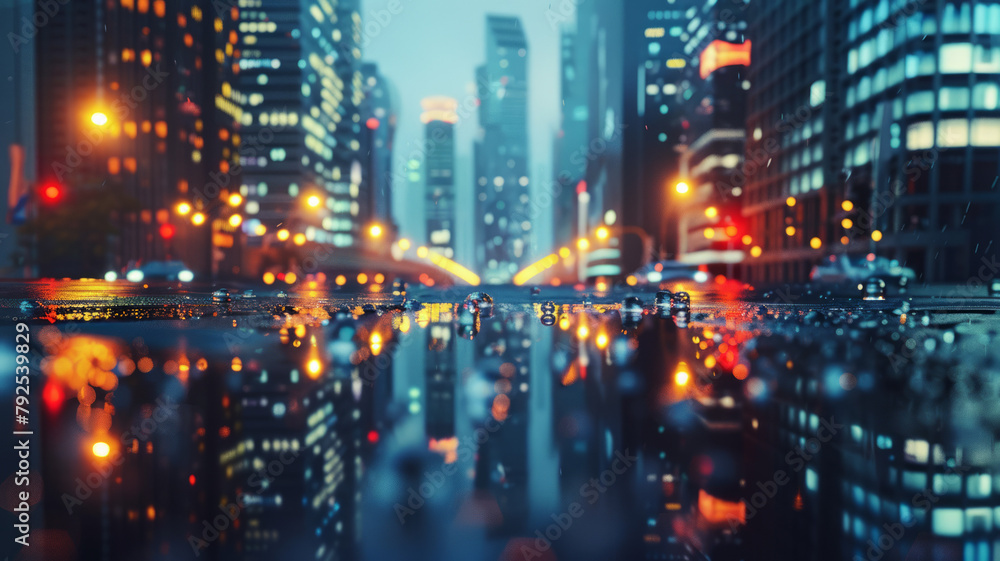 3D Rendering of modern skyscraper buildings in large city at night with reflection on wet puddle street after raining.