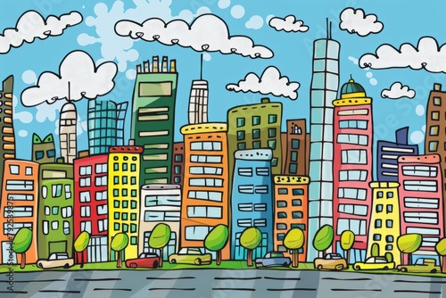 Cartoon cute doodles of a city skyline with skyscrapers, apartment buildings, and a bustling street below, Generative AI