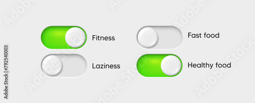 On and Off toggle switch buttons. Slider switch buttons set. Mobile app interface design. Toggle choice green buttons. Select preferences. Interface with active slide control. Vector illustration