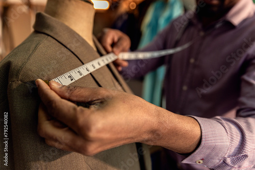Close up of male fashion tailor hand working on the measurements for the suit design in his workshop.