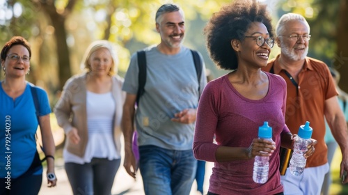 a diverse group of people, young and old, walking together in a park. a water bottle and wears comfortable clothing, symbolizing the importance of exercise in chronic disease management. photo