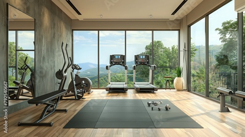 a well-equipped home gym. Exercise equipment is neatly arranged, and windows offer a view of a peaceful natural landscape, promoting the concept for chronic disease management.