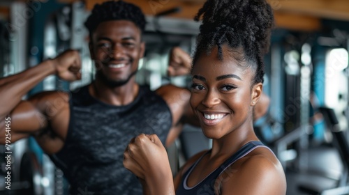 Two People Flexing Muscles at Gym photo