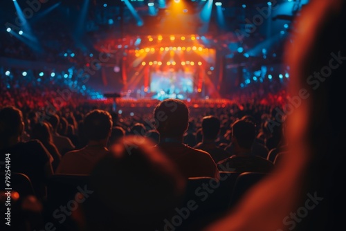 A mesmerizing view of a concert crowd watching a vibrant stage, bathed in colorful lights and engaging atmosphere. Perfect for illustrating live music events. © Victoriia