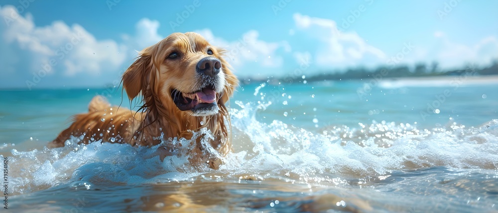 Dog joyfully plays in waves on sunny tropical beach embracing freedom of nature. Concept Pet Photography, Beach Fun, Animal Portraits, Tropical Adventure, Nature Play