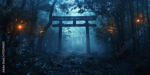 Japanese torii Shinto shrine gate in the night forest, creepy ambience. photo