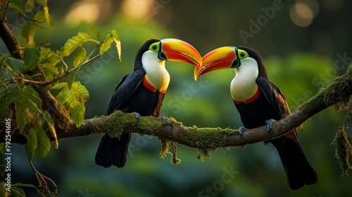 A pair of vibrant birds with multi-colored plumages sit peacefully on a tree branch photo