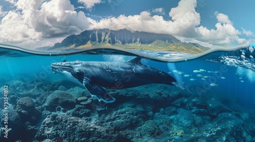 Below the surface, a split view offers a unique glimpse into the underwater world, where a majestic whale shares its habitat with a diverse array of marine life.