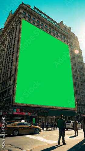 a giant green screen like a billboard on the building in the city ,generative ai