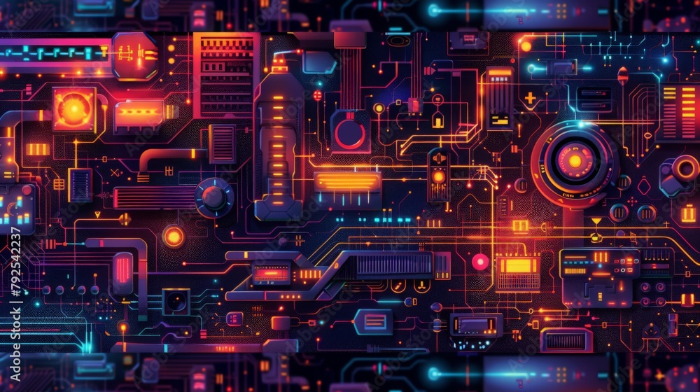an illustration that showcases the intricate complexity of a futuristic electronic circuit in a 2D format