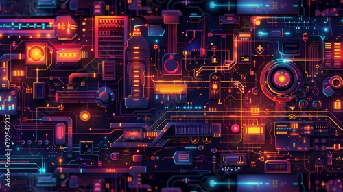 an illustration that showcases the intricate complexity of a futuristic electronic circuit in a 2D format