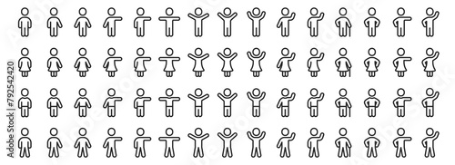 People body icons set. Man and woman in different poses. Leader person  user profile symbol. Full body woman character  grandma or grandpa with cane stick. Silhouettes of people. Vector illustration