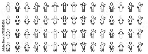 People body icons set. Man and woman in different poses. Leader person, user profile symbol. Full body woman character, grandma or grandpa with cane stick. Silhouettes of people. Vector illustration