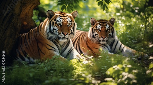 Two tigers lounging in the grass next to a tree