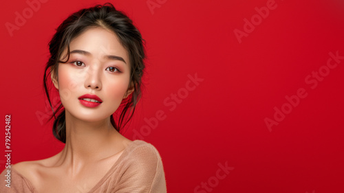 Stylish woman in beige blouse with a bold red lip color against a red background