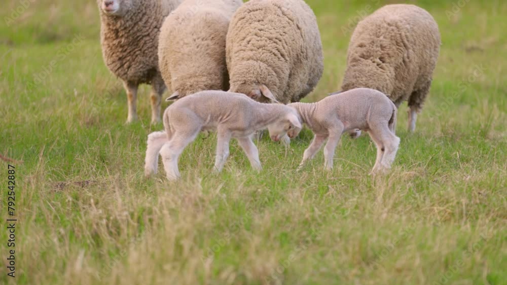 Funny Little Lambs Playing On Meadow. Sheep Grazing in Pasture on Farm in Countryside Funny Little Lambs Playing On Meadow. Sheep Grazing in Pasture on Farm in Countryside